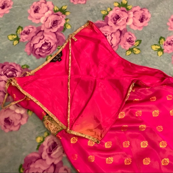 SOLD Vtg Pink Green Gold Brocade Jacquard Sequin Dress - Picture 7 of 9